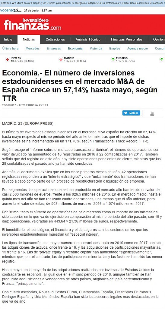 El nmero de inversiones estadounidenses en el mercado M&A de Espaa crece un 57,14% hasta mayo, segn TTR